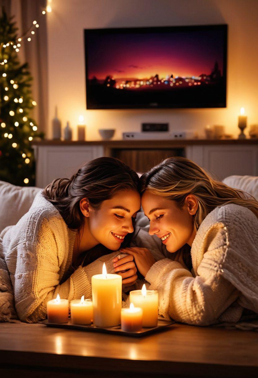 A cozy living room scene featuring a couple snuggled together on a couch, surrounded by flickering candles and soft fairy lights, with a TV screen showcasing a romantic movie scene. Include popcorn bowls and a warm blanket, with a slight glow from the screen illuminating their joyful faces. Emphasize a warm, inviting atmosphere filled with love and relaxation. super-realistic. vibrant colors. cozy aesthetic.