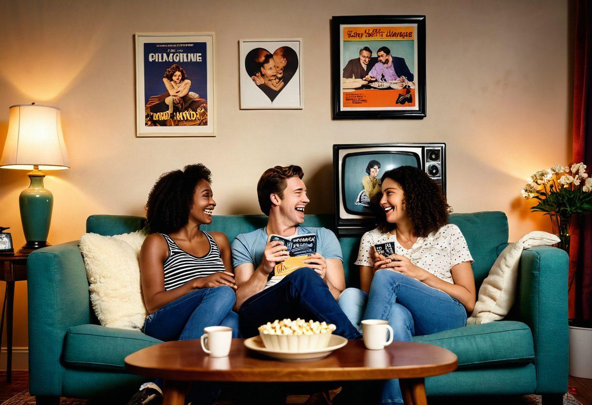 A cozy living room scene featuring a couple laughing while watching a romantic comedy on a vintage television. Surround them with soft pillows, warm lighting, and a few scattered popcorn kernels. Include a whimsical heart-shaped picture frame on the wall, showcasing a montage of classic rom-com movie posters. Capture the warmth and joy of togetherness. vibrant colors. cozy ambiance.