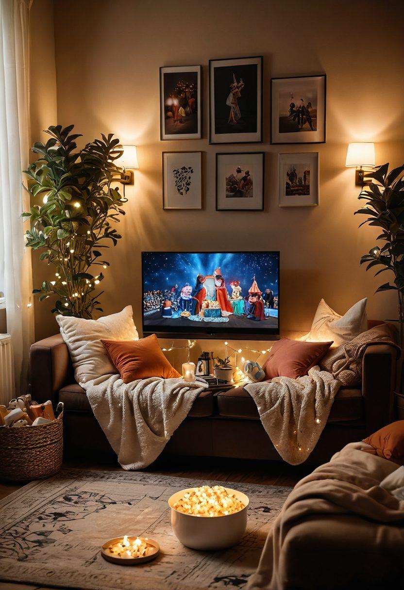 A cozy living room scene with a couple snuggled under a blanket on a sofa, surrounded by popcorn and snacks, while watching a romantic film on a big screen. Soft, warm lighting creates an inviting atmosphere, with decorative pillows and a plant in the corner. The walls feature posters of classic romantic films, and a subtle glow from fairy lights adds a magical touch. cartoonish style. vibrant colors.